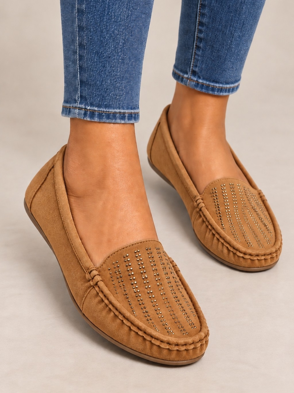 MilaLady Zenobia Tan Faux Suede Studded Moccasin Loafers - NWOB